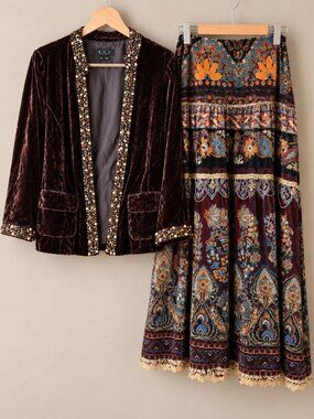 E.C.I. Vintage Size 10 Velvet Beaded 2-Piece Jacket & Skirt Set  Whimsigoth Boho